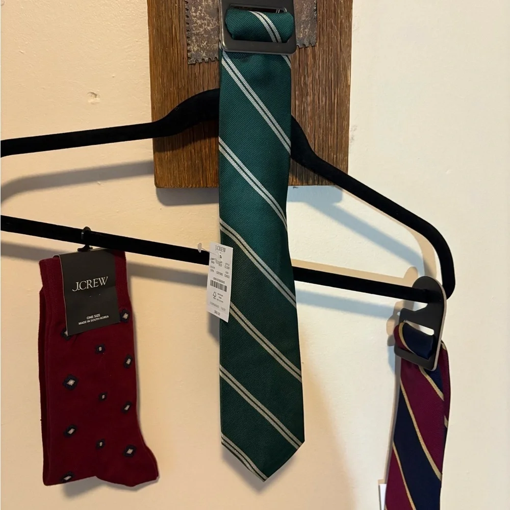 J. Crew Green and White Striped Tie, Burgundy/Navy/Hold Striped Tie, and socks